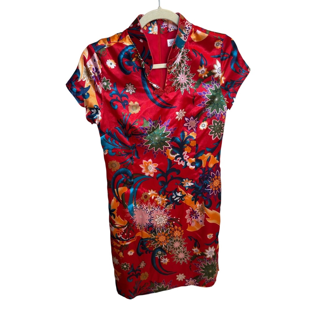 Scarlet Cheongsam Dress Floral Mandarin Collar Asian Style‎ Red Medium